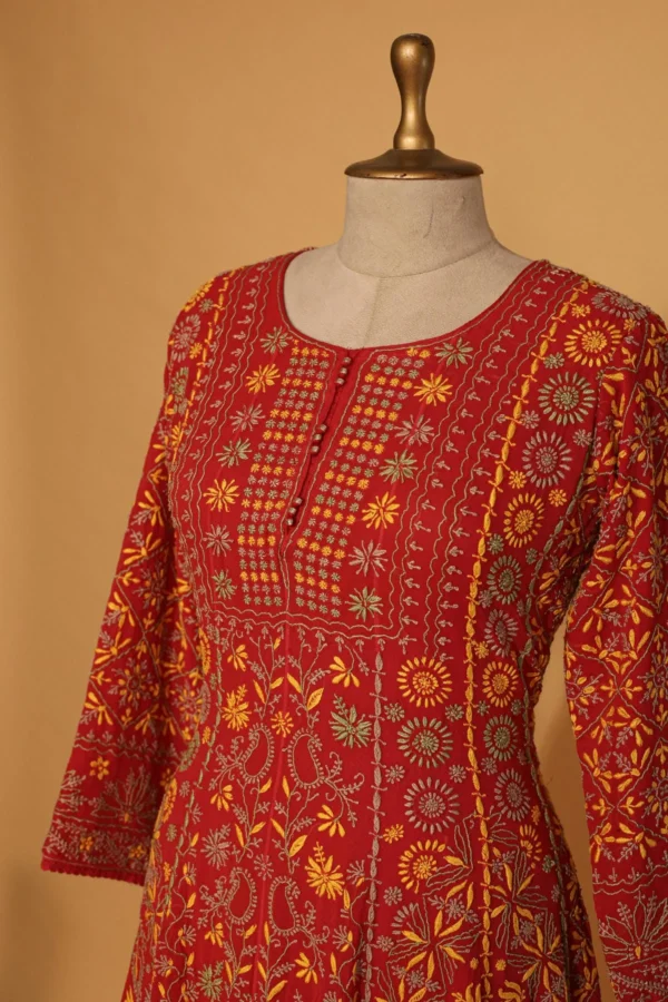 Bright Red Georgette Anarkali Set with Chikankari Embroidery - Image 1