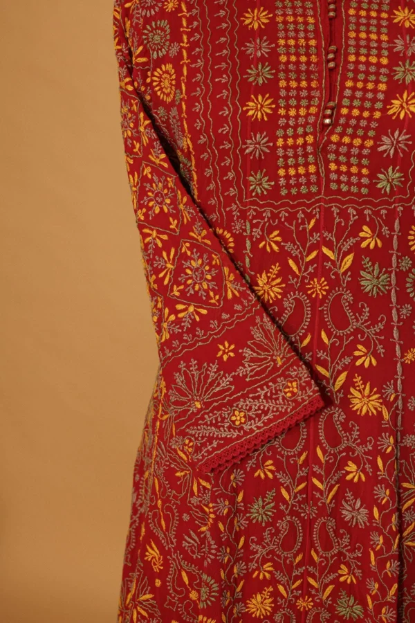Bright Red Georgette Anarkali Set with Chikankari Embroidery - Image 4