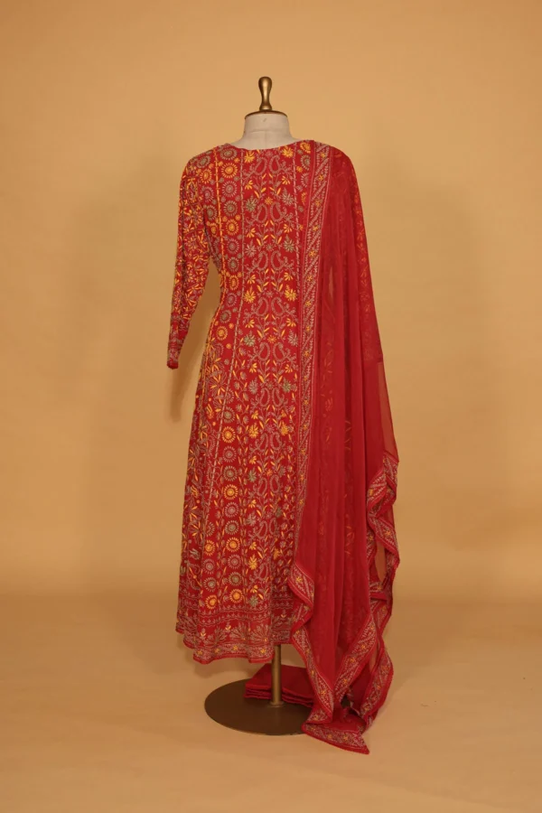 Bright Red Georgette Anarkali Set with Chikankari Embroidery - Image 2