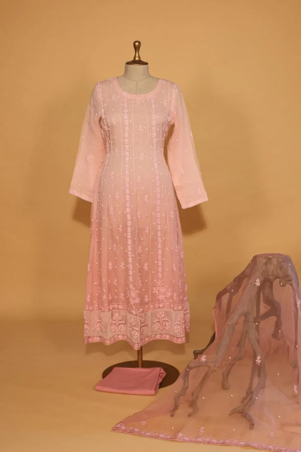 Pink Silk Organza Stitched Suit Set with Sequins Embroidery - Image 6