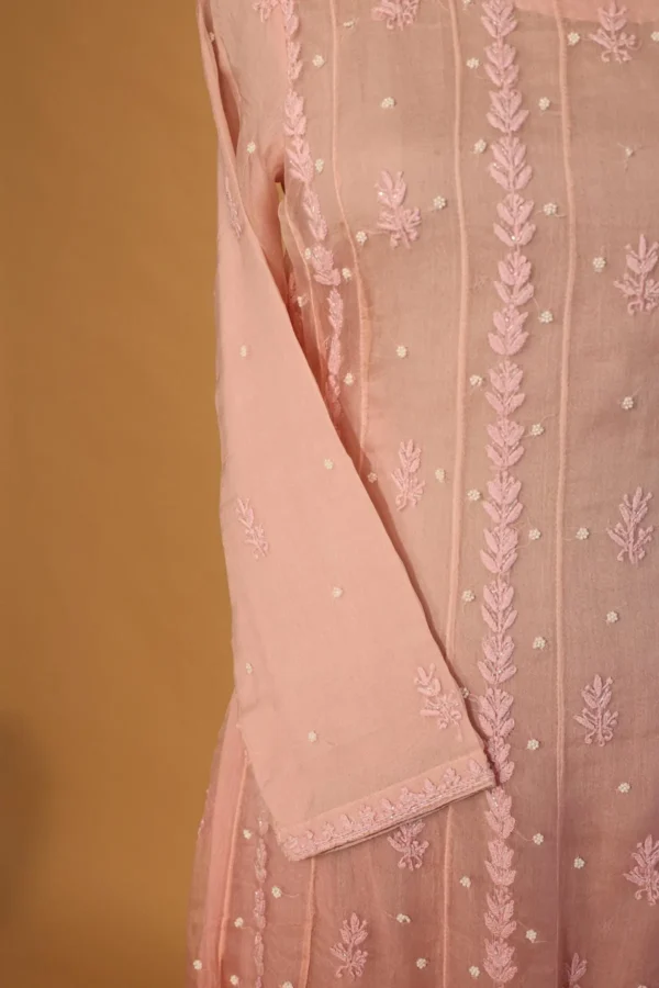 Pink Silk Organza Stitched Suit Set with Sequins Embroidery - Image 8