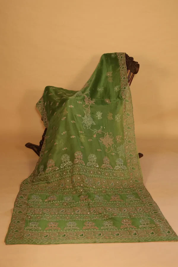 Heavy Work Green Silk Organza Festive Saree - Image 1