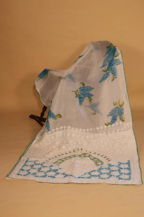 Blue Handpainted Chikankari Silk Organza Saree - Image 1