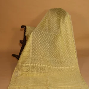 Lime Yellow Silk Organza Saree with Tapechi, Ghaspatti, Fanda & Cutwork