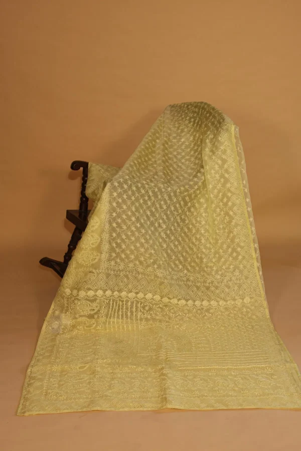 Lime Yellow Silk Organza Saree with Tapechi, Ghaspatti, Fanda & Cutwork - Image 1