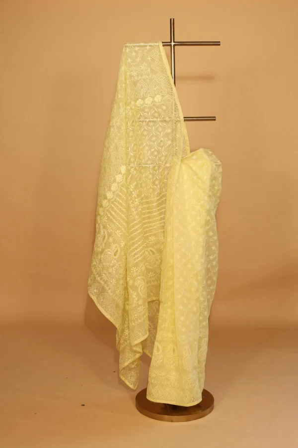 Lime Yellow Silk Organza Saree with Tapechi, Ghaspatti, Fanda & Cutwork - Image 3