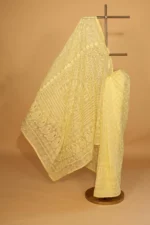 Lime Yellow Silk Organza Saree with Tapechi, Ghaspatti, Fanda & Cutwork - Image 4