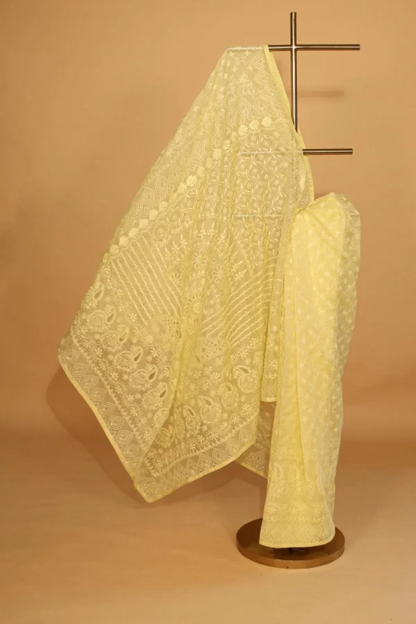 Lime Yellow Silk Organza Saree with Tapechi, Ghaspatti, Fanda & Cutwork - Image 4