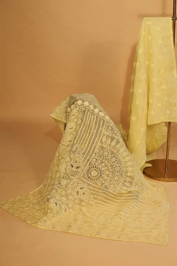 Lime Yellow Silk Organza Saree with Tapechi, Ghaspatti, Fanda & Cutwork - Image 5