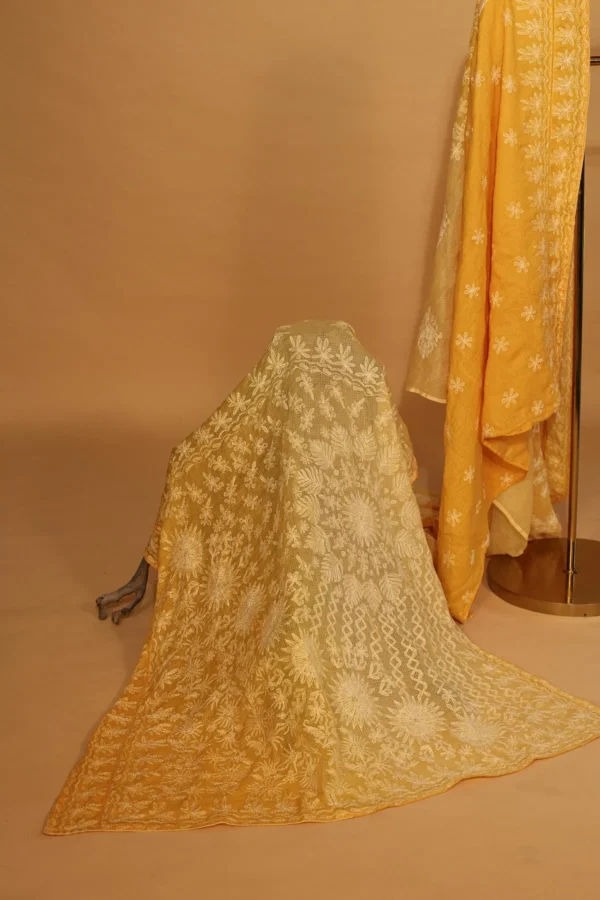 Yellow Kota Chikankari Saree with Blouse Piece - Image 3