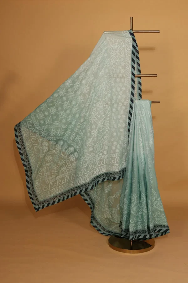 Blue Kota Chikankari Saree with Blouse Piece - Image 5