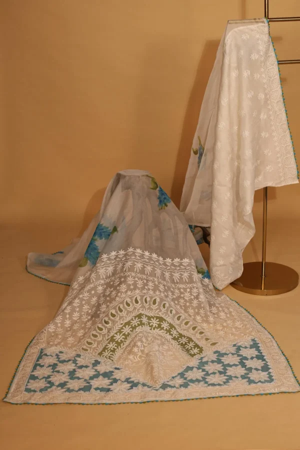 Blue Handpainted Chikankari Silk Organza Saree - Image 3