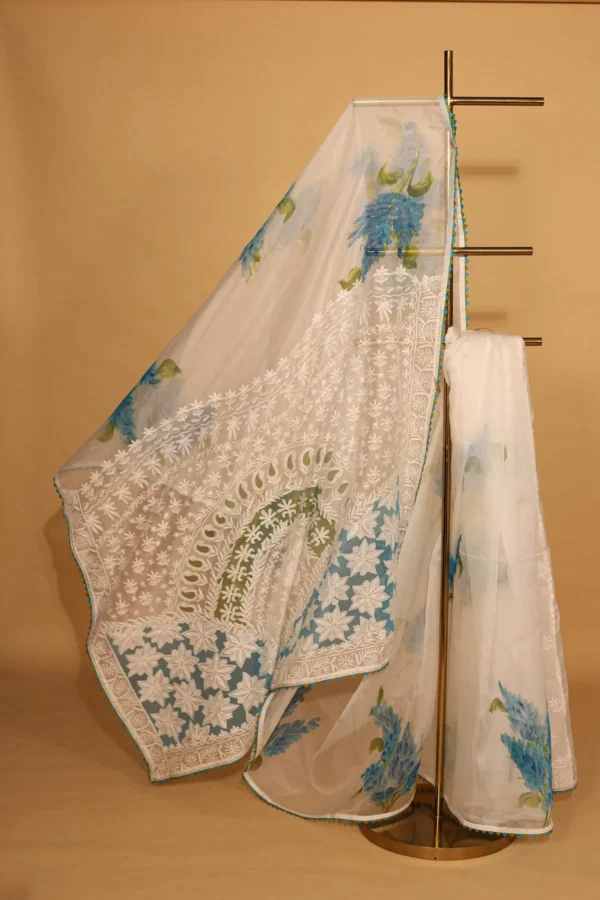 Blue Handpainted Chikankari Silk Organza Saree - Image 4