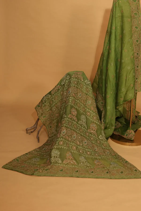 Heavy Work Green Silk Organza Festive Saree - Image 4