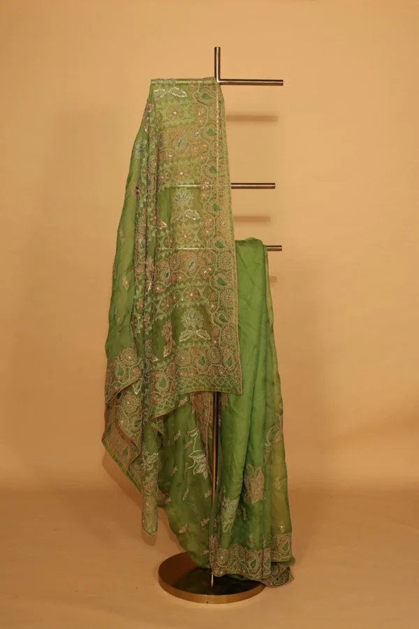 Heavy Work Green Silk Organza Festive Saree - Image 5