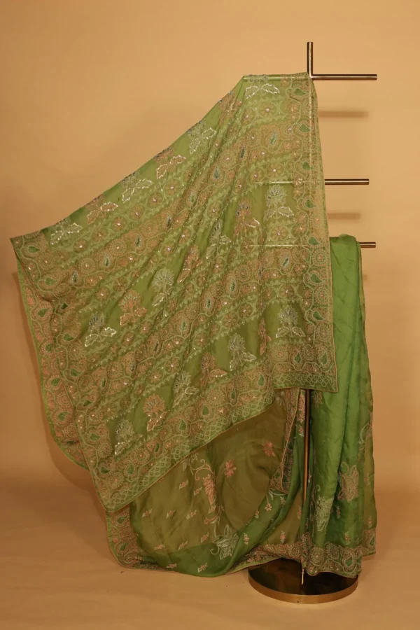 Heavy Work Green Silk Organza Festive Saree - Image 6