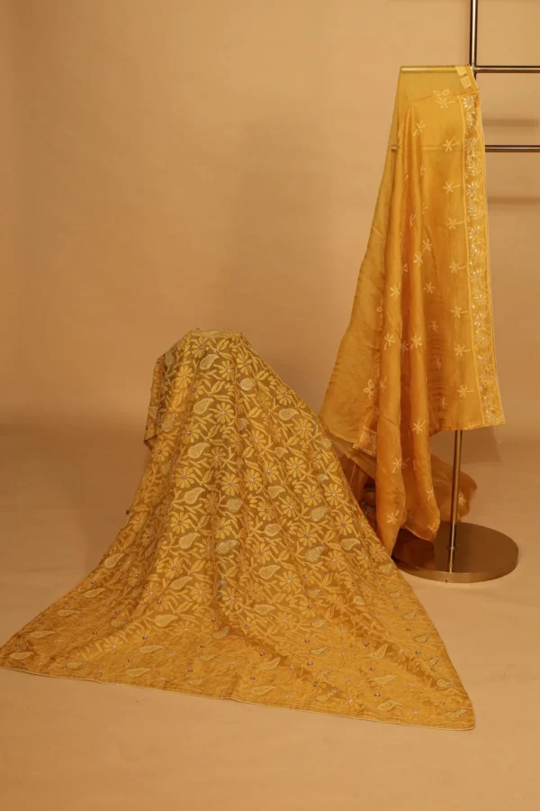 Yellow Festive Silk Organza Saree with Silver Zardozi - Image 3