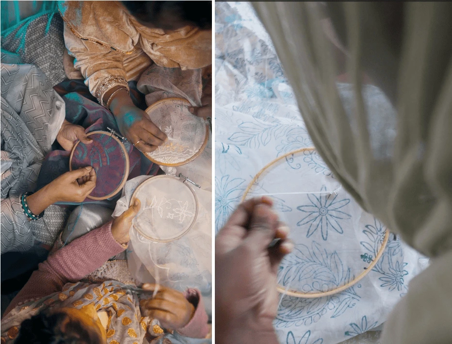 Women engaged in intricate chikankari embroidery work.