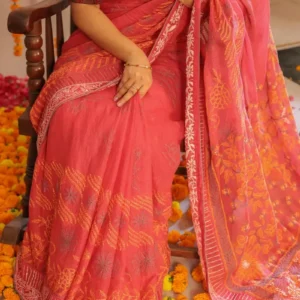 Alankrit Pink Saree withyellow and white embroidery