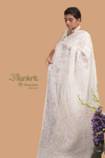 White colored silk organza saree with delicate tapechi embroidery and cutwork - Image 3