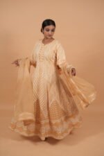 Yellow Anarkali in cotton voil with all over cutwork