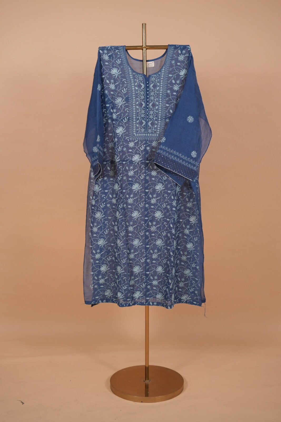 DSC03365 Ink Blue mul chanderi Suit Set with Ghaspatti Embroidery - Image 1