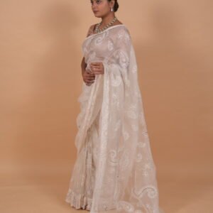 White Organza saree with cutwork and tapechi