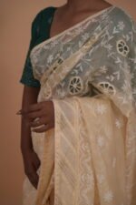 Lime Yellow Cheque Organza Saree - Image 2