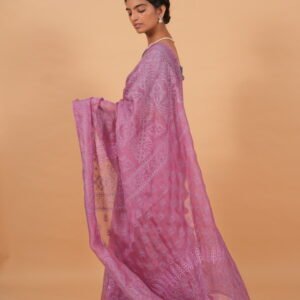 Mauve color silk organza saree with lavender tapechi embroidery