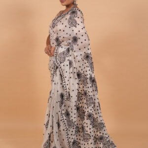 White silk organza saree with black cutwork