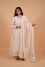 Cream Kota Anarkali in handmade Chikankari with multi color piping - Image 5