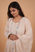 Cream Kota Anarkali in handmade Chikankari with multi color piping