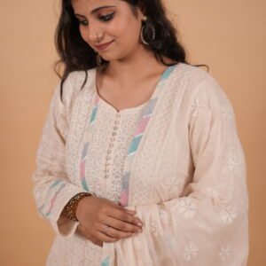 Cream Kota Anarkali in handmade Chikankari with multi color piping