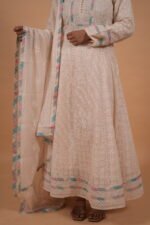 Cream Kota Anarkali in handmade Chikankari with multi color piping - Image 2