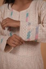 Cream Kota Anarkali in handmade Chikankari with multi color piping - Image 3