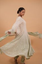 Cream & green Shaded cotton voil Anarkali - Image 4