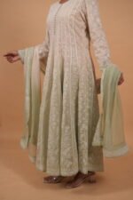 Cream & green Shaded cotton voil Anarkali