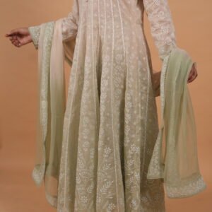 Cream & green Shaded cotton voil Anarkali