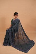 Ink Blue Silk Organza Saree with light blue tapechi embroidery - Image 6