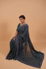 Ink Blue Silk Organza Saree with light blue tapechi embroidery
