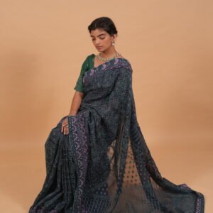 Ink Blue Silk Organza Saree with light blue tapechi embroidery