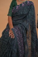 Ink Blue Silk Organza Saree with light blue tapechi embroidery - Image 2