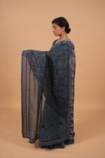 Ink Blue Silk Organza Saree with light blue tapechi embroidery - Image 3