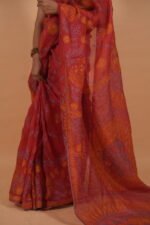 Brick color silk organza saree with multicolored embroidery - Image 3