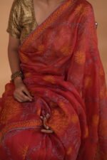 Brick color silk organza saree with multicolored embroidery - Image 4