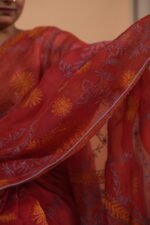 Brick color silk organza saree with multicolored embroidery - Image 5