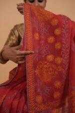 Brick color silk organza saree with multicolored embroidery