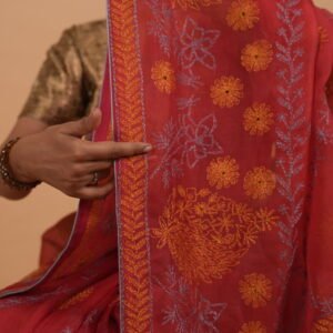 Brick color silk organza saree with multicolored embroidery