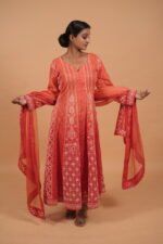 Red Hombre shaded Anarkali with ghaspatti work - Image 3