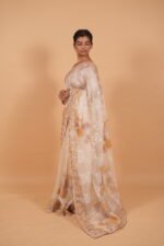 Cream  & beige silk organza saree with tapechi and bakhiya embroidery - Image 3